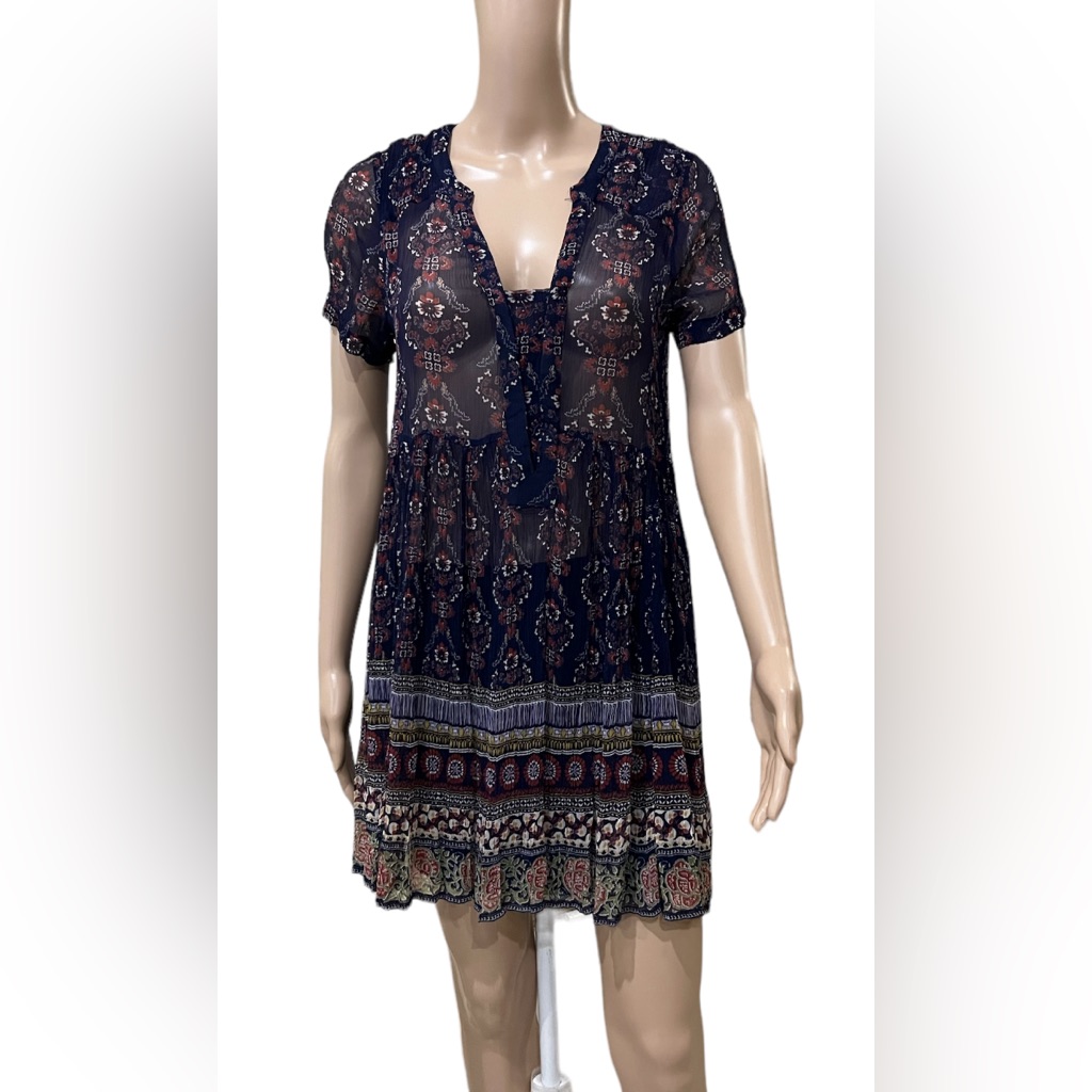 Anthropologie $140 Maeve Navy Sheer Printed Slip Swing Dress Size Sp Nwot